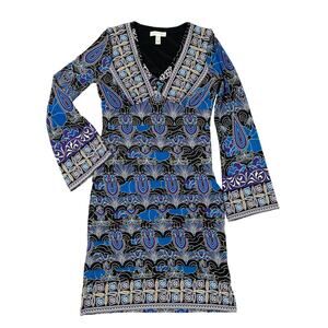 London Times Dress Womens 8 Printed Long Sleeve V-neck Tiered Jersey Knit